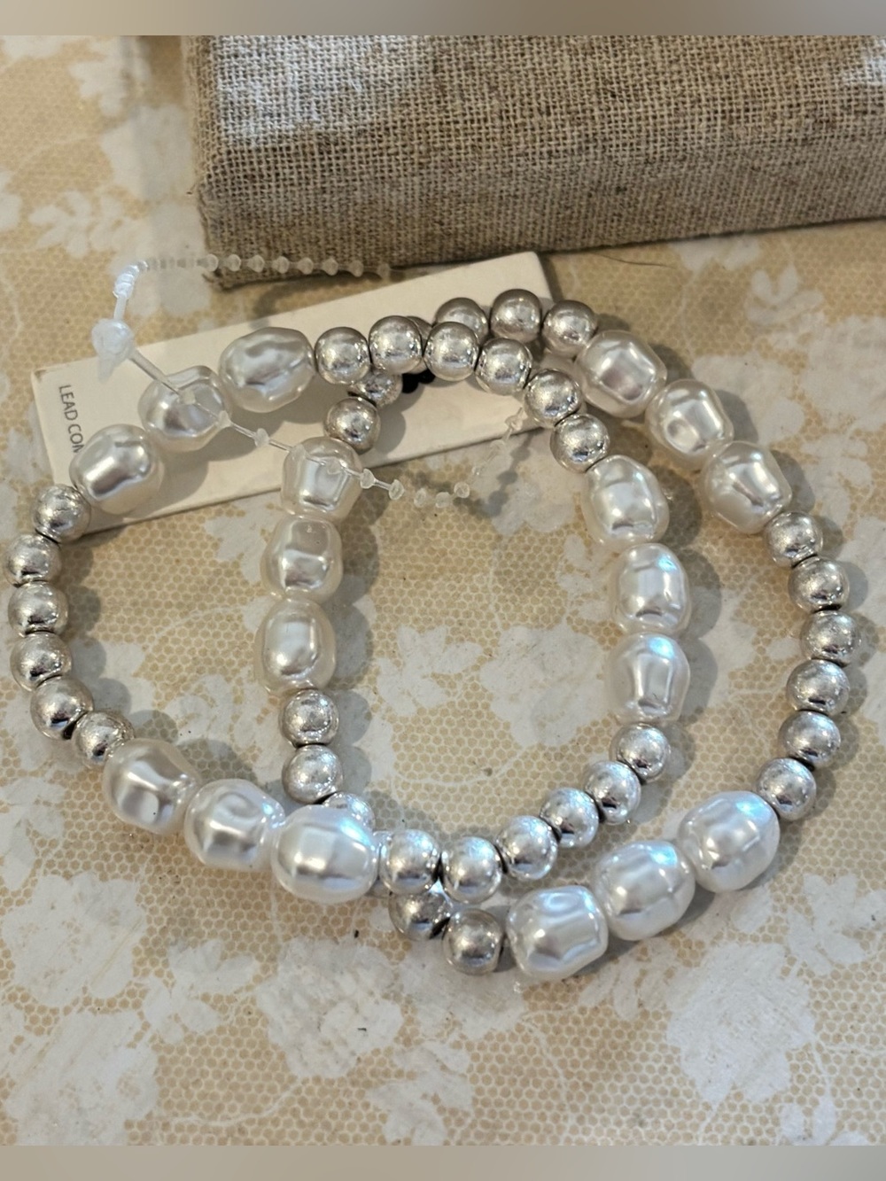 Silver Pearl Beaded Stretch Bracelet Stack - Lot of 4 stacks Women Jewelry - Picture 2 of 3